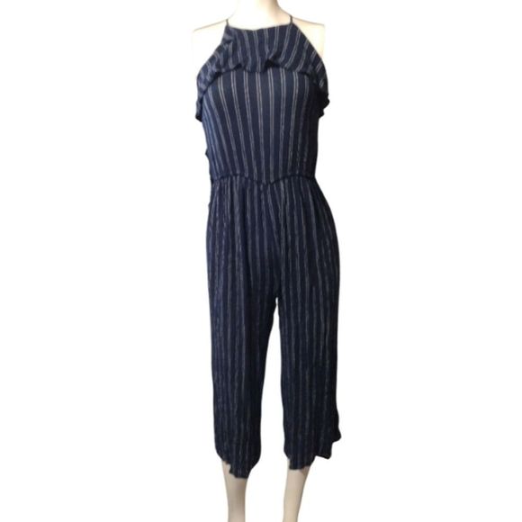 Navy Gray Pinstripe Jumpsuit Romper Aeropostale Size XS Adjustable & Elastic - Picture 3 of 8